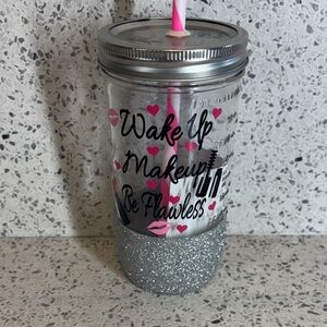 Glitter Mason Jar Tumbler with Pink Straw